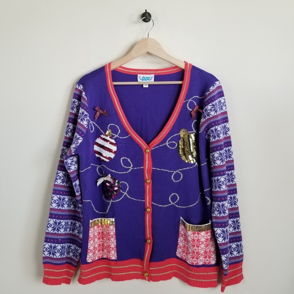Rockin' Around Festive Christmas Holiday V-Neck Cardigan Sweater Large